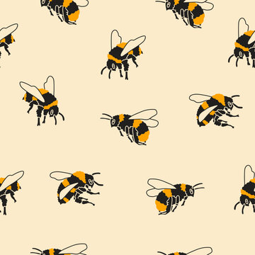 Flying puffy bumblebees or Bees. Spring, summer insects concept. Black and yellow bugs. Hand drawn modern Vector illustration. Square seamless Pattern. Background, wallpaper. Textile print template