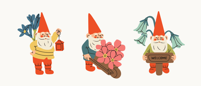 Set of three Garden gnomes. Hand drawn modern Vector isolated illustrations. Poster, card, print, design template. Cute fairy tale characters. Garden elf. Cartoon style