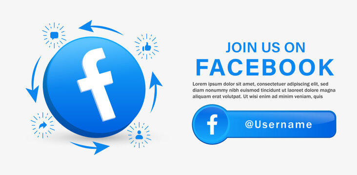 follow us on facebook 3d logo with social media notification icons thumbs up, like, comment, share, follower icon. join us on facebook social network platforms facebook background banner
