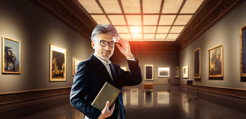 美術館に立つ男性　芸術家　鑑定士　学芸員