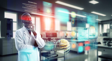 ホログラム画面を見る科学者　科学技術