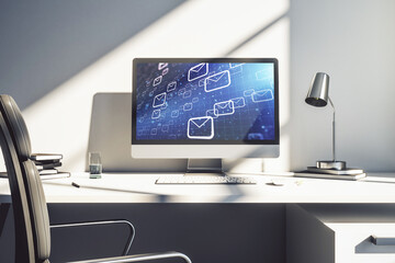 Creative concept of postal envelopes illustration on modern laptop screen. Email and communications concept. 3D Rendering