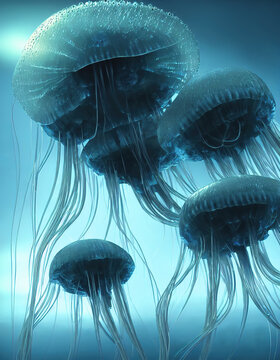 Group of fantasy glowing jellyfish in deep sea waters