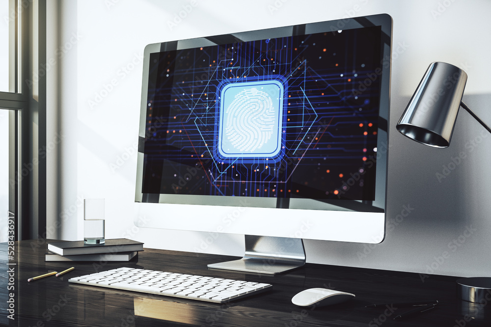 Poster Modern computer display with abstract graphic fingerprint sketch, fingerprint scan data concept. 3D Rendering