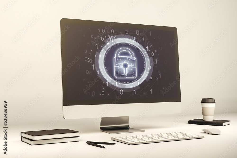 Leinwandbilder computer monitor with creative light lock illustration and microcircuit, cyber security concept. 3d 