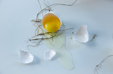 white egg is broken, the shell is on the table. Light background