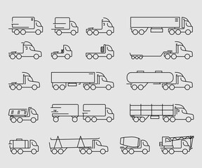 Set of vector linear icons different types of trucks