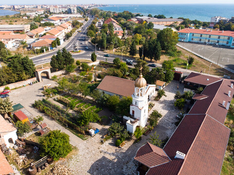 Aerial view of Pomorie city and Pomorie Monastery Sveti Georgi. Drone view from above. Summer holidays destination