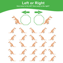 Left or Right Game for Preschool Children. Worksheet activity for preschool kids. Education math printable worksheet to counting how many are left and right. Vector illustration.