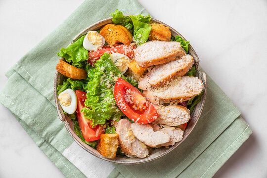 Low Carb Or Keto Diet Salad. Chicken Caesar Salad With Chicken Breast Fillet In A Plate On White Background