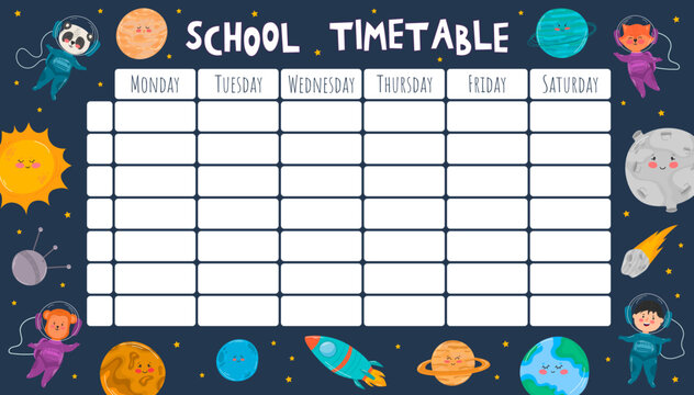 School timetable template with cartoon planets, rockets, shuttle. Back to school schedule with space background for subjects. Vector children illustration