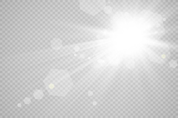 Special lens flash, light effect. The flash flashes rays and searchlight. illust.White glowing light. Beautiful star Light from the rays. The sun is backlit. Bright beautiful star. Sunlight. Glare.