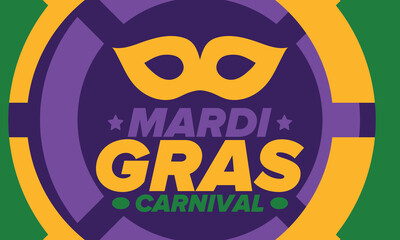 Mardi Gras Carnival in New Orleans. Fat Tuesday. Traditional holiday, celebration annual. Folk festival, costume masquerade, fun party. Carnival mask. Poster, card, banner and background. Vector