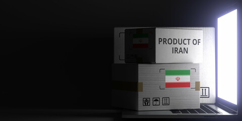 Cartons with PRODUCT OF IRAN text and flag on the laptop, black background. 3D rendering