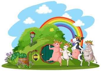 Naklejka premium Farm animals dancing at hobbit house on white background