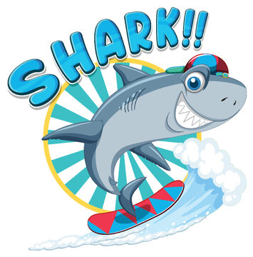 Cute shark cartoon surfing icon