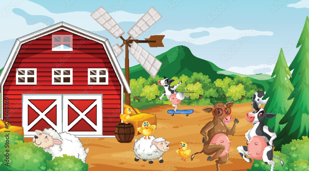 Wall mural outdoor cow farm scene with happy animals cartoon