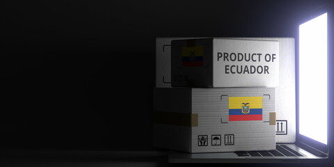 PRODUCT OF ECUADOR text and flag sticker on the boxes on the laptop on dark background. 3D rendering