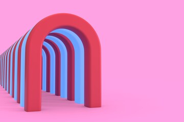 Multi-colored arch in 3D space on pink background with empty space for insertion.