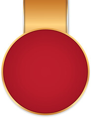 red colored round award banner with gold colored ribbon banner on white background	
