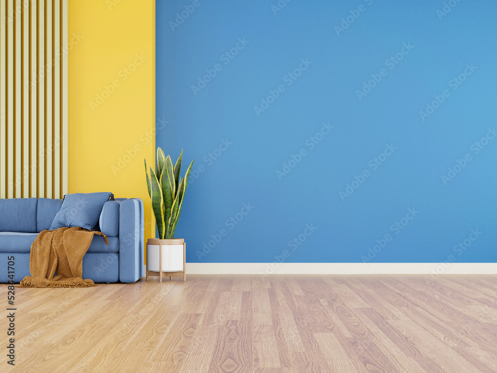 Poster modern living room with sofa on wooden floor and empty colorful wall. 3d rendering.