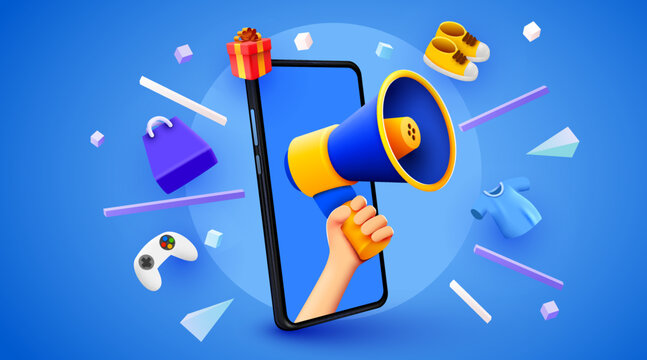 3d hand holding megaphone speaker in smartphone for discount announce. Sale mockup with fashion elements. Vector illustration.