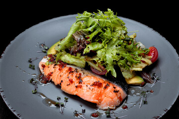 Salmon fillet with vegetables and salad leaves