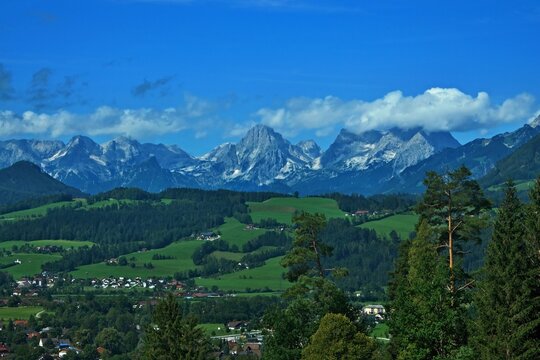 Austrian Alps - view from the Wurbauerkogel chairlift to the town of Windischgarsten and the Totes Gebirge mountains