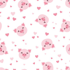 Cute kawaii pink pig face head and hearts vector seamless pattern. Farm animal flat cartoon texture for nursery, card, poster, fabric, textile.