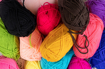 Top view of colorful yarn background