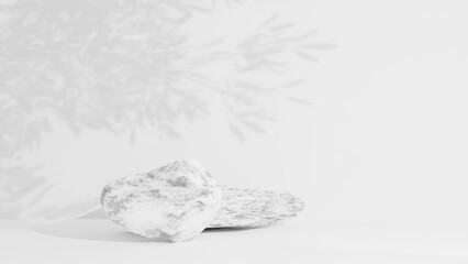 3D render.White rock stone podium with sunlight and tree shadow on white background. product...