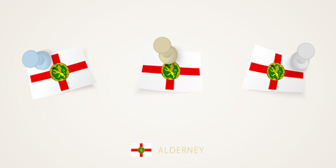 Pinned flag of Alderney in different shapes with twisted corners. Vector pushpins top view.