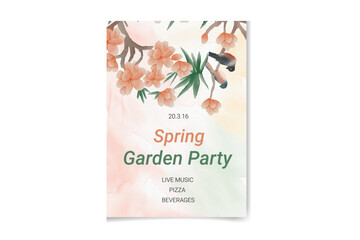 Spring party poster with bird house full blossom flowers. Spring flowers background
