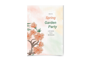 Spring party poster with bird house full blossom flowers. Spring flowers background
