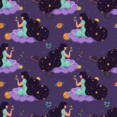 A woman with long hair holds a star in her hands. Magic, sorcery, dreams. Seamless pattern