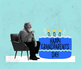 Middle age sad man, grandfather sitting alone over blue background. Creative art design for Grandparents Day greeting Card.