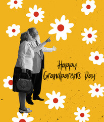 Senior couple, happy grandparents dressed in 70s, 80s fashion style talking each other over floral background. International grandparents day