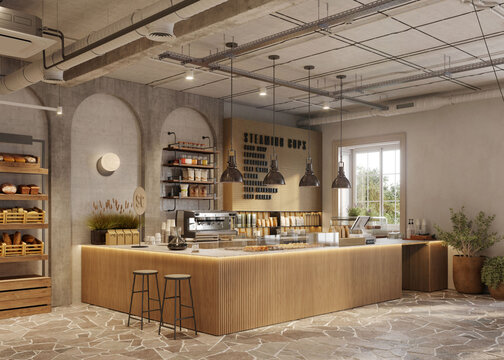 3d rendering of coffee shop and cafe lounge restaurant. High angle view of a restaurant kitchen with food on the display counter.