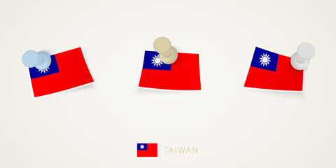 Pinned flag of Taiwan in different shapes with twisted corners. Vector pushpins top view.