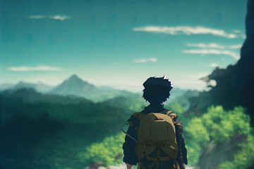 Adventurer walking on a mountain path. A warrior fantasy character with a sword and back exploring. A knight walking in the kingdom. Epic landscape. Anime, cartoon digital artwork painting.