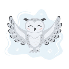 Cartoon snowy owl with spread wings. Cute flying white owlet in winter. Isolated on white background. Vector flat illustration