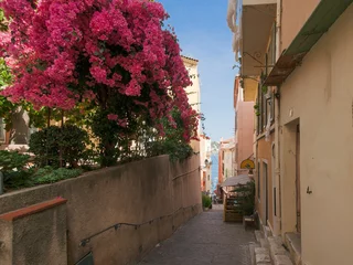 Cercles muraux Villefranche-sur-Mer, Côte d’Azur Bougainvillier rose dans une rue étroite en bord de mer à Villefranche-sur-Mer sur la Côte d& 39 Azur.