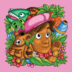 Cartoon botanical with fruit and flowers at nature