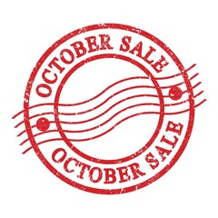 OCTOBER SALE, text written on red postal stamp.