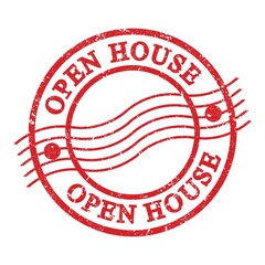 OPEN HOUSE, text written on red postal stamp.