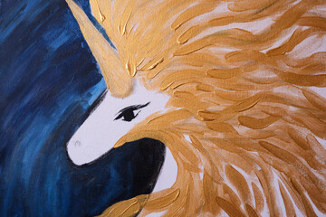 Hand-painted acrylic spiritual painting, golden unicorn