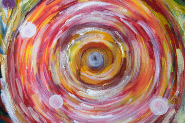 Hand-drawn acrylic spiritual painting, swirling colorful graphics