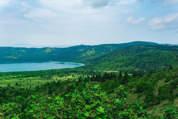 Fototapeta na wymiar landscape of Kunashir Island, geothermal lakes in the Golovnin volcano caldera