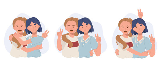 Fototapeta premium A set portrait of Best Friends Girls. friends hug together.Best friends together. vector illustration.