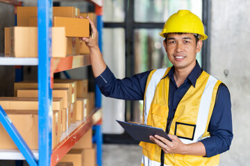 Portrait of middle aged asian warehouse worker standing in large warehouse distribution center.